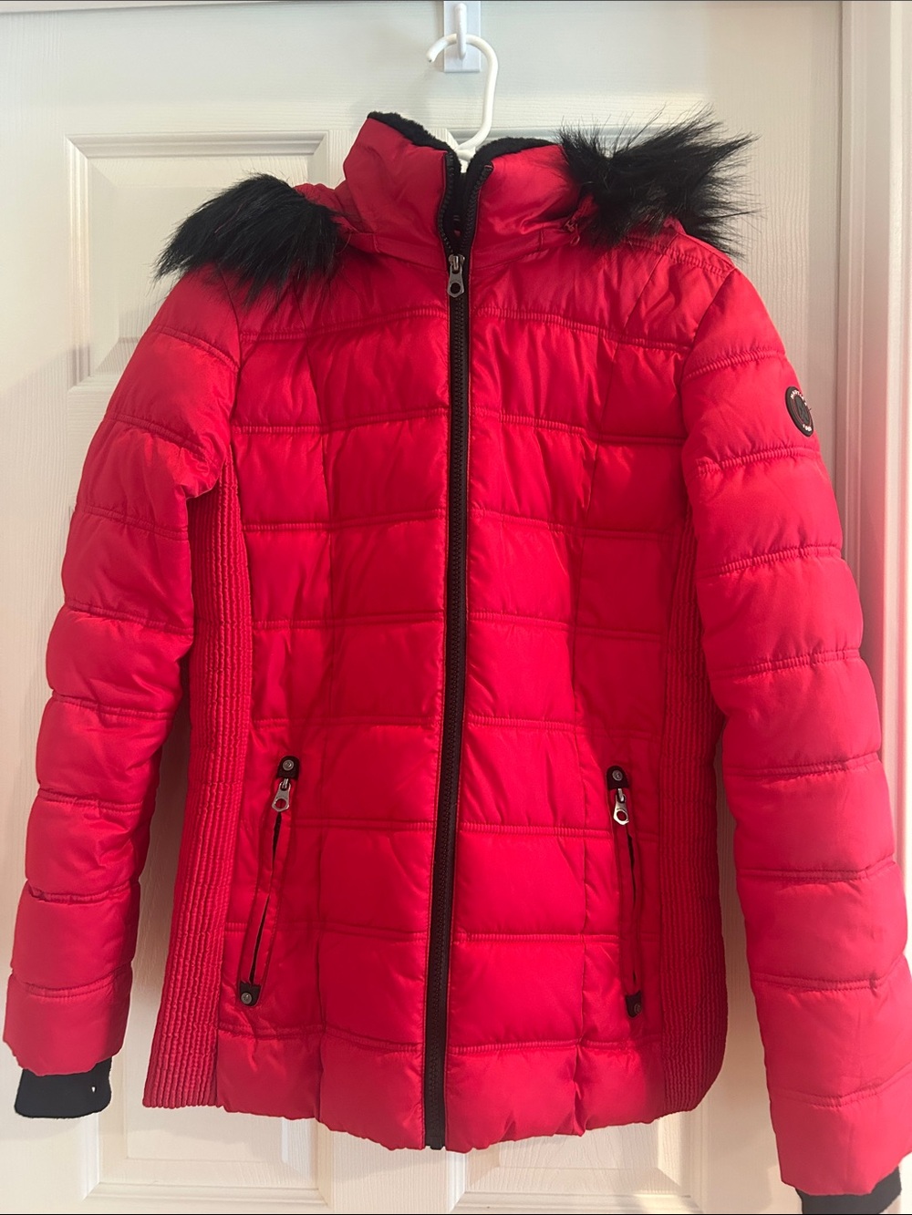 Nautica Red Women’s Puffer Jacket with Faux Fur Trim